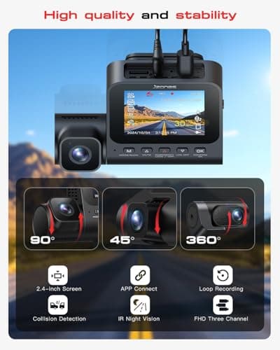 Jzones 4K 3-Channel Dash Cam Front and Rear with Cabin, STARVIS 2 Sensor, Dash Camera for Cars with WiFi 6, G-Sensor, Loop Recording, Night Vision, 24H Parking Mode, 64GB Card Included 8