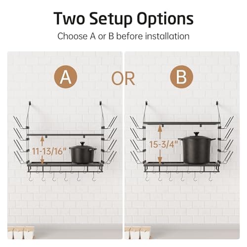 KES 30-Inch Pot Rack Wall Mounted with 8 Secure Lid Holders & 12 Sturdy Hooks, 2-Tier Kitchen Hanging Pot and Pan Organizer, Ample Storage for Tall Cookware, KUR215S75C-BK 5