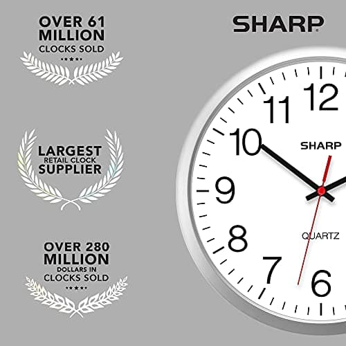 Sharp Wall Clock – Silver, Silent Non Ticking 14 Inch Quality Quartz Battery Operated Round Easy to Read Home/Kitchen/Office/Classroom/School Clocks, Sweep Movement 7
