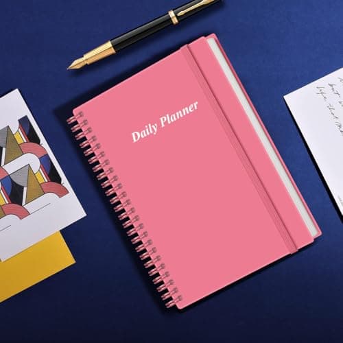 Daily Planner Undated - A5 To Do List Notebook Hourly Schedules, Spiral Appointment Planner for Women and Men, PVC Hardcover, Inner Pocket, Elastic Closure, 5.8" x 8.3", Pink 7