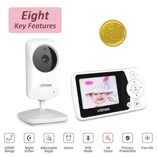 VTimes Video Baby Monitor with Camera and Audio - 2.4" LCD Screen, Portable Baby Camera Monitor No WiFi Night Vision VOX Mode Feeding Alarm 1000ft Range Ideal for Baby/Elderly/Pet 5