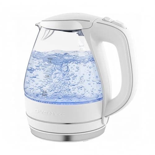 OVENTE Electric Kettle, 1.5L Borosilicate Glass Countertop Water Heater and Boiler for Coffee or Tea, BPA-Free, Auto Shut-Off, Boil-Dry Protection, Removable and Washable Spout Filter, White KG83W
