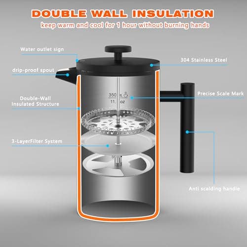 Miscedence French Press Coffee Maker, Double Wall Vacuum Insulated 304 Stainless Steel coffee press for Home, Camping and Office 3