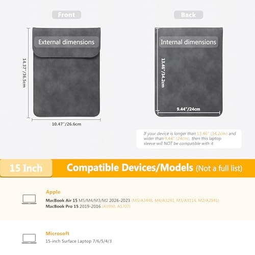 HYZUO 15 Inch Laptop Sleeve Compatible with MacBook Air 15.3/15 M3/M2 A3114 A2941 2023-2024, 15-inch Surface Laptop 7/6/5/4/3, MacBook Pro 15 A1990 A1707 2016-2019, Faux Suede Leather Case, Space Gray 6