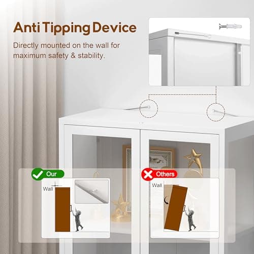 UNICOLY Display Cabinet with Glass Doors, Glass Display Cabinet 4-Tier, Metal Curio Display Cabinet with Tempered Glass Doors for Living Room, Plant, Display Shelf, Assembly Required, White 5