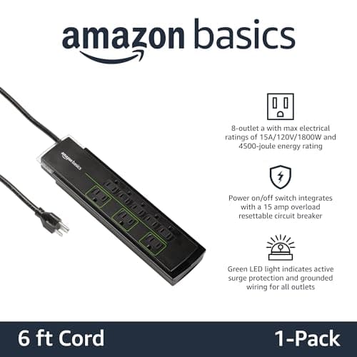 Amazon Basics Rectangular 8-Outlet Power Strip Surge Protector, 4,500 Joule - 6-Foot Cord, Black/Green 2