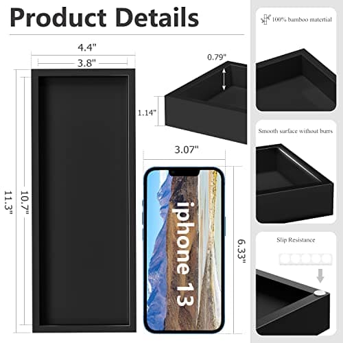 ZHWS Bathroom Tray Countertop for Toiletries, Black Vanity Tray for Makeup Perfume Decor Candle, Bamboo Kitchen Tray for Soap Dispenser Salt Pepper Brush Holder 11.3” L x 4.4” W x 1.1” H 5