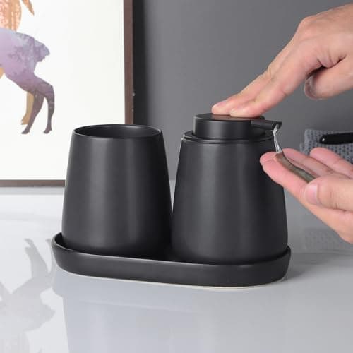 Eyrozia Matte Black Round Soap Dispenser Tray - 8'' Ceramic Vanity Tray for Bathroom Decorative, Jewelry Ring Dish, Comestic Holder, Kitchen Sink Countertop Organizer Plate 7