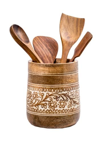 Mie Creations Farmhouse 7'' Large Utensil Holder for Kitchen Counter | Handcrafted Wooden Utensils Crock Cooking Spatula Organizer | Elegant Floral Utensil Caddy, Christmas Thanksgiving Decor- White