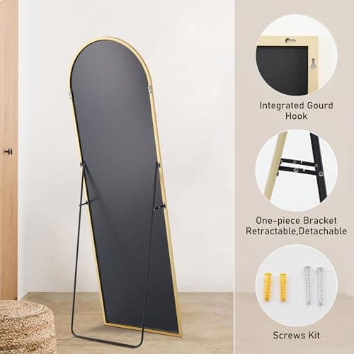 OLIXIS Arched Full Length Mirror 64.1"x 21.5" for Bedroom, Full Body Mirror with Stand, Hanging or Leaning for Wall, Aluminum Alloy Thin Frame Floor Standing for Living Room, Long, Gold 5