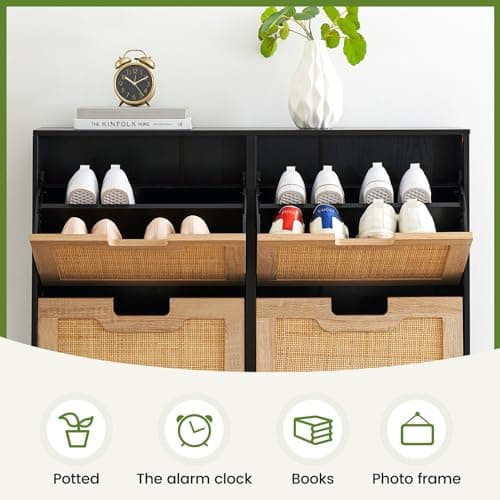 IDEALHOUSE Natural Rattan 4 Flip Door Shoe Cabinet Organizer Freestanding, Modern Shoe Rack Storage Organizer with 3-Tier Adjustable Shelves for Entryway, Closet, Hallway 6