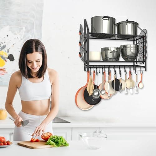 VyGrow 28 Inch Pot Rack Wall Mounted, 2 Tier Pots and Pans Organizer with 20 Hooks and 6 Pot Lid Holders, Heavy Duty Steel Pot and Pan Hanger for Kitchen Cookware Utensils Storage 34.7" Lx13 Wx26.4 H 6