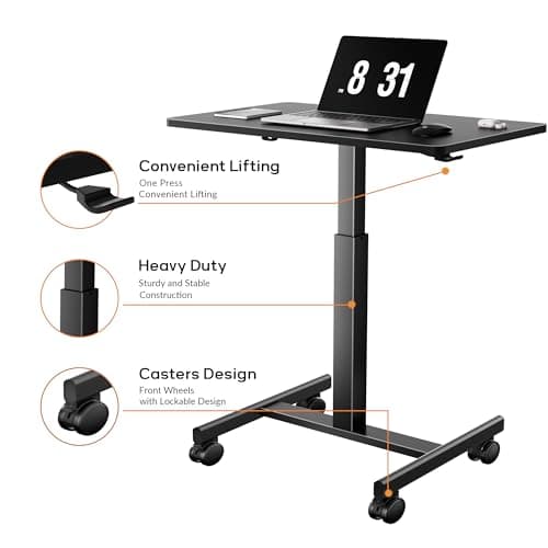 CROWNFURN Mobile Small Standing Rolling Desk Adjustable Height, Portable Laptop Desk on Wheels, Workstation for Home Office with Hook,Black 7