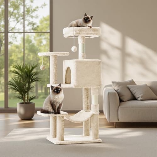 Sweetcrispy 44 Inch Cat Tree Tower, Cat Climbing Tower with Natural Sisal Scratching Posts, Hammock, Pet Condo for Indoor Cats and Kittens Play, Beige 8