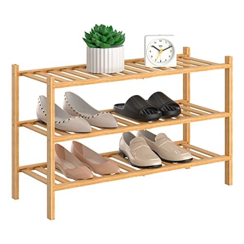 RONGJlA 3 Tier Bamboo Shoe Rack for Closet Free Standing Wood Shoe Shelf Storage Organizer for Entryway Small Space Stackable, Natural