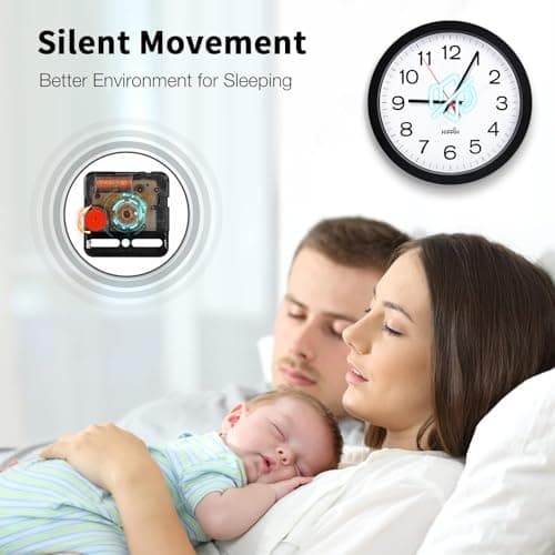 Yoobure 12" Silent Quartz Decorative Wall Clock Non-Ticking Digital Plastic Battery Operated Round Easy to Read Home/Office/School Black Clock 5