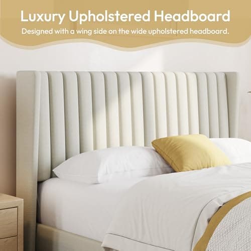 Yaheetech Queen Bed Frame Upholstered Platform Bed with Fabric Headboard, Wing Edge Design/Non-Slip and Noise-Free/Wooden Slats Support/No Box Spring Needed/Easy Assembly, Ivory Queen Bed 9