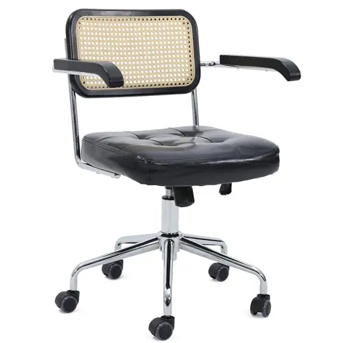 Murago Mid Century Modern Rattan Desk Chair, Vintage Rattan Office Chair, 360° Swivel, Height and Tilt Adjustment, Black Leather，with Armrests