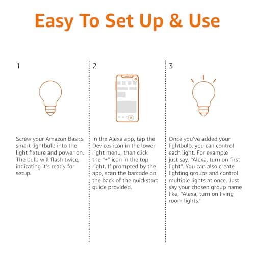 Amazon Basics Smart A19 LED Light Bulb, Dimmable Soft White (2700K), 9W (60W Equivalent), 800LM, Energy Efficient, Works with Alexa Only, 2.4 GHz Wi-Fi, No Hub Required, 4-Pack 5