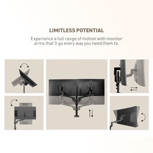 msi PRO MT81D - Premium Aluminum Dual Monitor Stand Arms, Supports 17-32" & 17.6 lbs per Screen, VESA Compatible, Adjustable Desk Mount, Clamp & Grommet Base, Quick Release Plate - Black 6