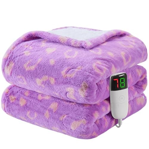 Leopard Print Heated Electric Blanket Throw,50X60 Purple Heating Blanket with 10 Heats Levels & 8 Hours Auto Off,Cute Cheetah Soft Fleece Sherpa Blankets Warmer Gifts for Women Washable