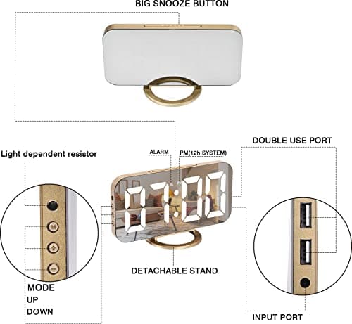 Sukeen Digital Alarm Clock,6" Large LED Display with Dual USB Charger Ports | Auto Dimmer Mode | Easy Snooze Function, Modern Mirror Desk Wall Clock for Bedroom Home Office for All People (Gold) 8