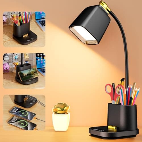 Desk Lamp with USB Charging Ports & Organizer, Small Table Lamps for Home Office/Bedroom/College Dorm Room, Eye-Caring LED Light W/USB Charger for Study/Reading/Artists/Work/Task,Gooseneck Desk Light