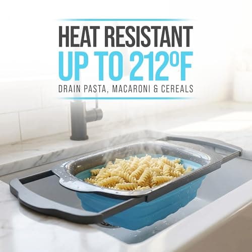 Comfify XL Large Kitchen Strainer - Collapsible Silicone Over - The-Sink Colander with Extendable Handles - Use with Pasta, Fruit, Berries & Veggie - 6 Quart - Blue 7