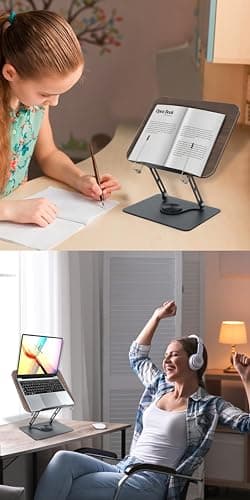Book Stand for Reading, Multi-Angle & Height Book Holder with 360° Swivel Base, Lightweight Foldable Cookbook Stand for Kitchen, Office, Textbook, Recipe, Music Scores, Kindle, Tablet 7