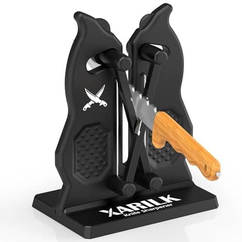 XARILK Edge Kitchen Knife Sharpener – Pull-Through Manual Sharpener with Spring Arms – Tungsten Carbide, Self-Adjusting Angle, Fast Edge Repair for Kitchen, Outdoor, and EDC Knives (Black)