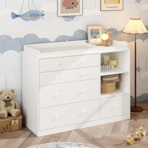 ROMSHINE Nursery Dresser with Baby Changing Table, Diaper Changing Tables for Nursery with 5 Drawers & Shelves, Changing Station Nursery Organizer for Bedroom, White (47.6" W x 19.7" D x 36.1" H)