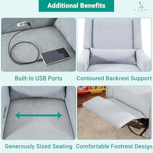 Naomi Home Tanya Luxury Motion Recliner Chair, Light Gray – Plush Upholstered Glider Rocker with USB Charging, Swivel, and Lumbar Support for Nursery Comfort, 275 lbs Capacity 7