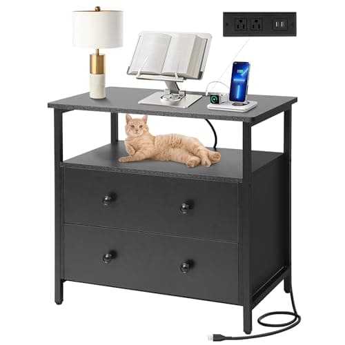 Edbuosy 27 inch Wide Night Stand with Charging Station, Bedside Table with Open Shelf, 2 Drawers Small Wood Dresser, Modern Wood Nightstand for Bedroom/Living Room (Black)