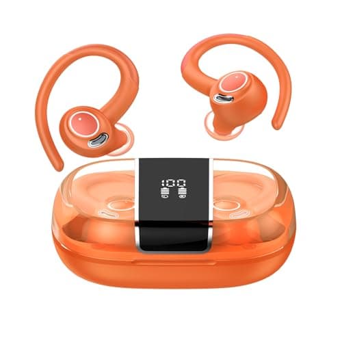 Wireless Earbuds Bluetooth 5.3 Headphones Sports, 48Hrs Playback Over Ear Buds with CVC8.0 Mic, Bass Stereo Bluetooth Earbuds with Earhooks, LED Display, IP7 Waterproof Earphones for Running Orange