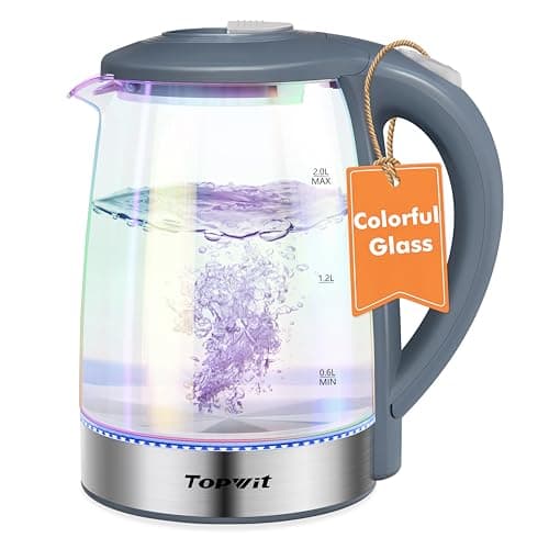 TOPWIT Electric Kettle, Colorful Glass Tea Kettle, 2.0L Hot Water Kettle Electric, BPA-Free Stainless Steel Lid & Bottom, Electric Kettles for Boiling Water, Auto Shut-Off & Boil Dry Protection, Grey