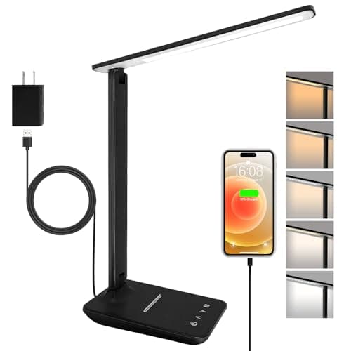shinelife LED Desk Lamp for Office Home, Bright Desk Light with USB Charging Port, Adjustable Dimmable Desk Lamps 5 Modes 5 Brightness, Touch Study Lamp for Nail, Craft, Puzzle, Sewing, Study, Black