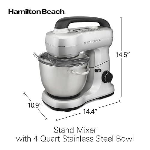 Hamilton Beach Electric Stand Mixer, 4 Quarts, Dough Hook, Flat Beater Attachments, Splash Guard, 7 Speeds with Whisk, Easy-Carry Top Handle, Silver 8