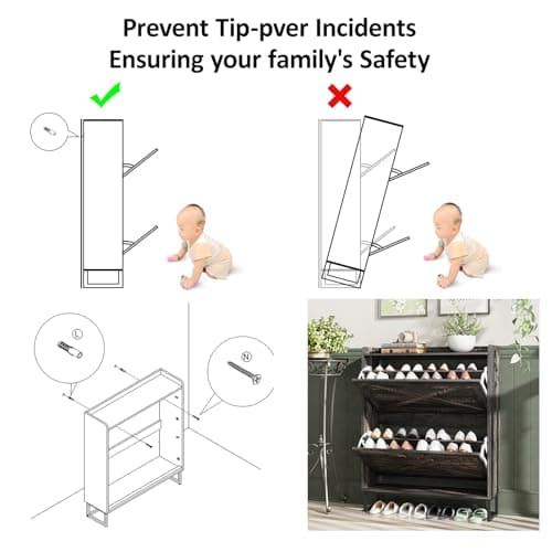 Maupvit Shoe Storage Cabinet with 2 Flip Drawers, Freestanding Organizer with Metal Legs for Entryway, Narrow Shoe Rack Cabinet, Dark Rustic Oak 6