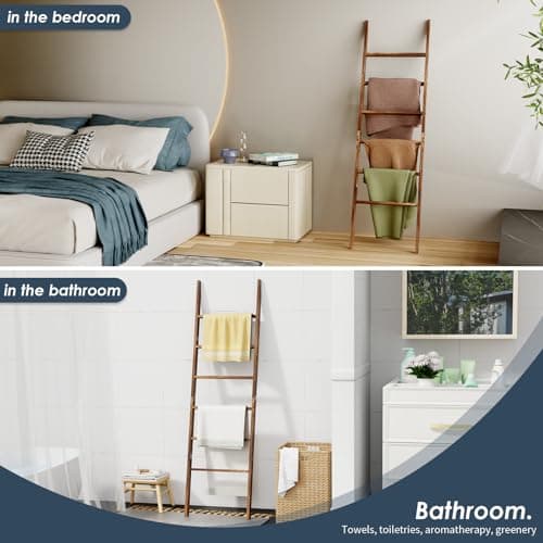 6-Tier Blanket Ladder Wooden, 5.7FT(66.5'') Blanket Quilt Towel Holder Rack Decorative Ladder, Easy Assembly, Rustic Farmhouse Ladder Shelf for The Living Room Bedroom Bathroom Home Decor, Brown 6