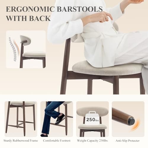 COLAMY Counter Height Bar Stools Set of 4, Kitchen Bar Stools with Back, Mid Century Modern Upholstered, with Wood Legs for Kitchen Island Dining Room, Beige 5