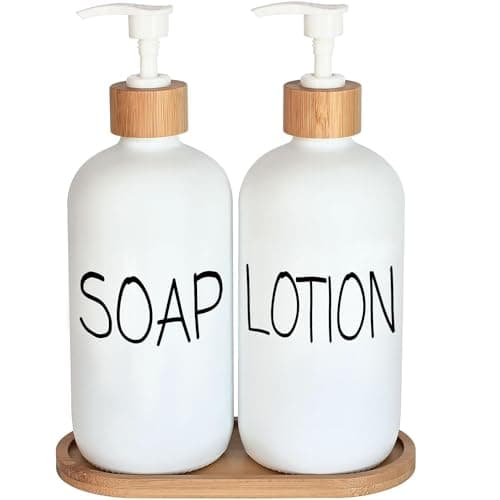 White Soap Dispenser Bathroom Set, Set with Glass Dispenser, Bamboo Pumps & Tray. Hand and Lotion Suitable for Farmhouse Decor