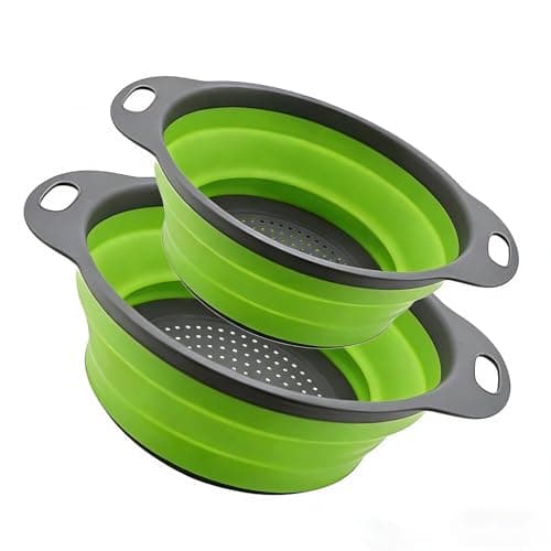 Collapsible Colander Set of 2, Folding Kitchen Strainers with Handles, Space-Saving Over-the-Sink Drainers for Pasta, Veggies & Fruit, BPA-Free, Dishwasher Safe, RV & Camping (Green)