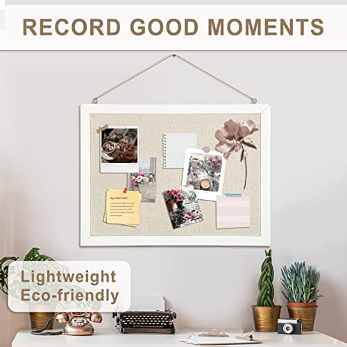 AMUSIGHT 2-Pack Double-Sided Cork Board with Linen, 16" x 12" Hanging Wood Framed Bulletin Board, Picture Display Vision Board Kit Corkboards for Wall School Office Decor, 20 Pushpins (Vintage White) 5