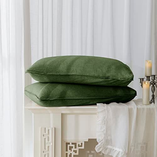 EVERLY 100% Linen Pillowcases Set of 2, Envelope Overlap Closure French Natural Washed Flax Pillowcases 20x36inches-Mossy Green