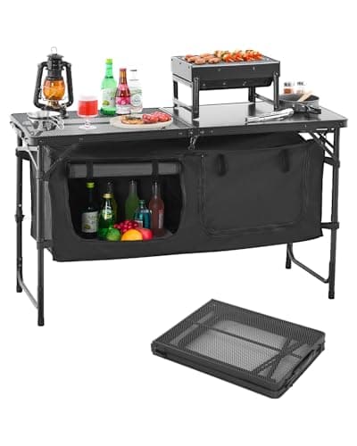 VEVOR Camping Kitchen Table, Folding Outdoor Cooking Table, 3 Adjustable Heights, Aluminum Lightweight Portable Cook Station with Storage Organizer, Carry Handle, for BBQ Party Picnic RV Travel, Black