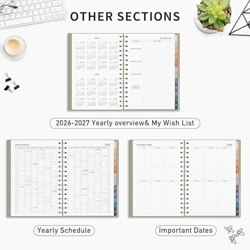 RETTACY 2026 Planner, Weekly and Monthly, Medium Size (5.7" x 8.3"), Jan - Dec 2026, Agenda, Calendar, 12 Month Tabs, Flexible Plastic Cover, 100 GSM Thick Paper, Spiral-bound (Light Green) 5