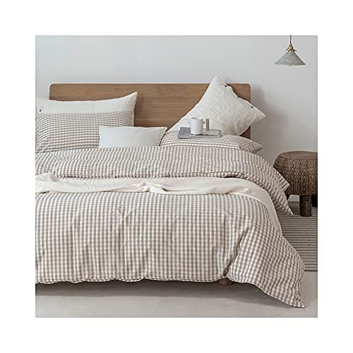F.Y.Dreams 100% Washed Cotton Duvet Cover for Weighted Blanket 60x80 inches with 16 Ties, Zipper on Long Side/Khaki and White Grid/Just Duvet Cover 6