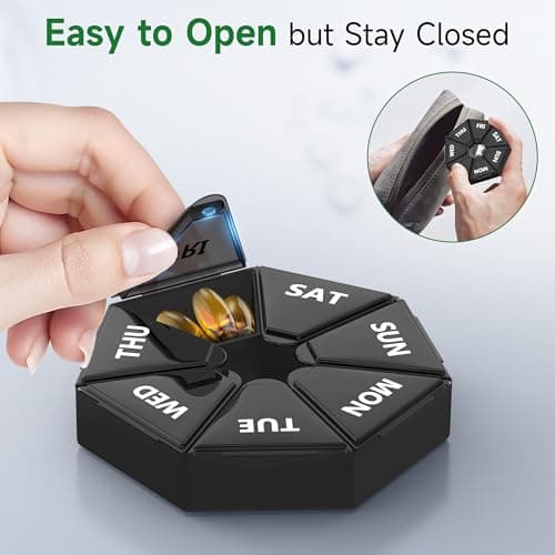 Gelibo,Weekly Pill Organizer, 2 Pack Portable Travel Pill Box Dispenser Medicine case 6 Colors (Seven Day) New Edition for Vitamin/Fish Oil/Pills/Supplements-Arthritis Friendly (Black) 6