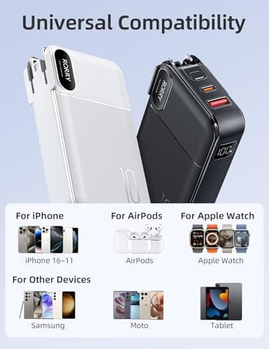 RORRY Portable Charger Built-in Cables, AC Wall Plug Portable Charger Power Bank 10000mAh Travel Battery Pack 22.5W Fast Charging for iPhone 16/15/14 Samsung Galaxy S24/S23/S22 Pixel LG iPad 6
