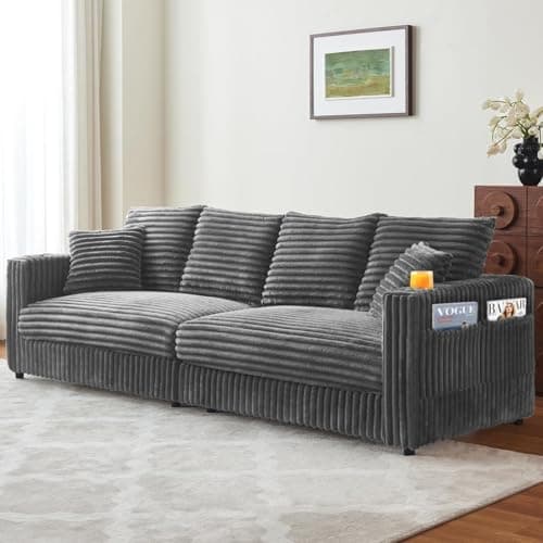 Kalafini 96.8'' Oversized Cloud Couch, 4 Deep Seats Modular Sectional Sofa with Cup Holders & Storage, Plush Corduroy Upholstered Memory Foam Couches for Living Room, Apartment, Office, Grey